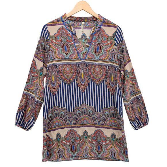 Lovemarks Mini Shirt Dress Multicolor Long Balloon Sleeve V Neck Pullover Size M - Picture 1 of 9